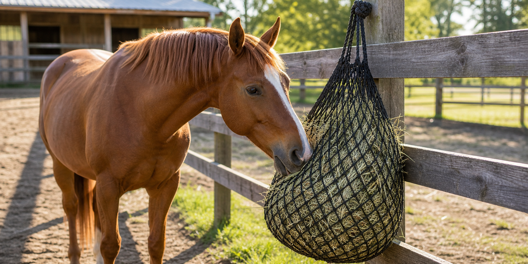 Chestnut horse eating from a slow feed bale net filled with hay on a paddock fence