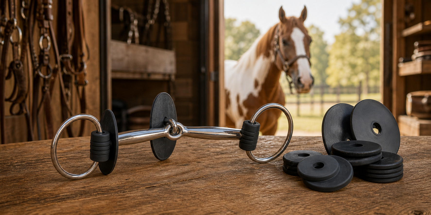 Rubber horse bit guards and a snaffle bit arranged on a tack room counter with a paint horse in the doorway