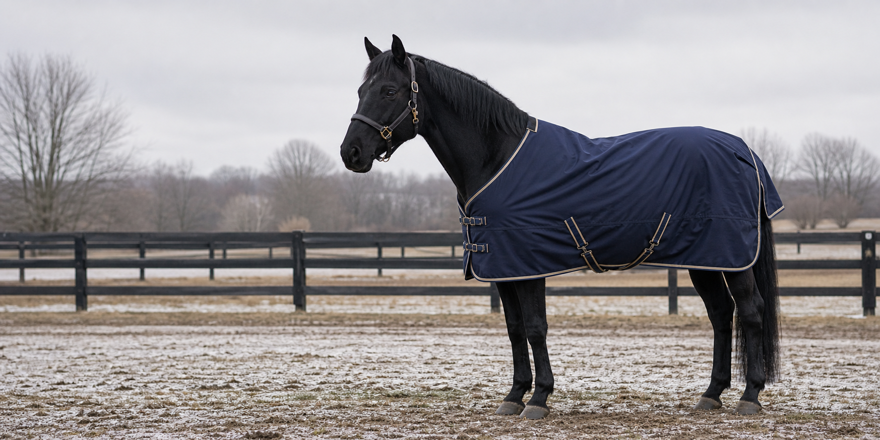 Black horse wearing a navy turnout blanket in a winter paddock for the horse blankets collection