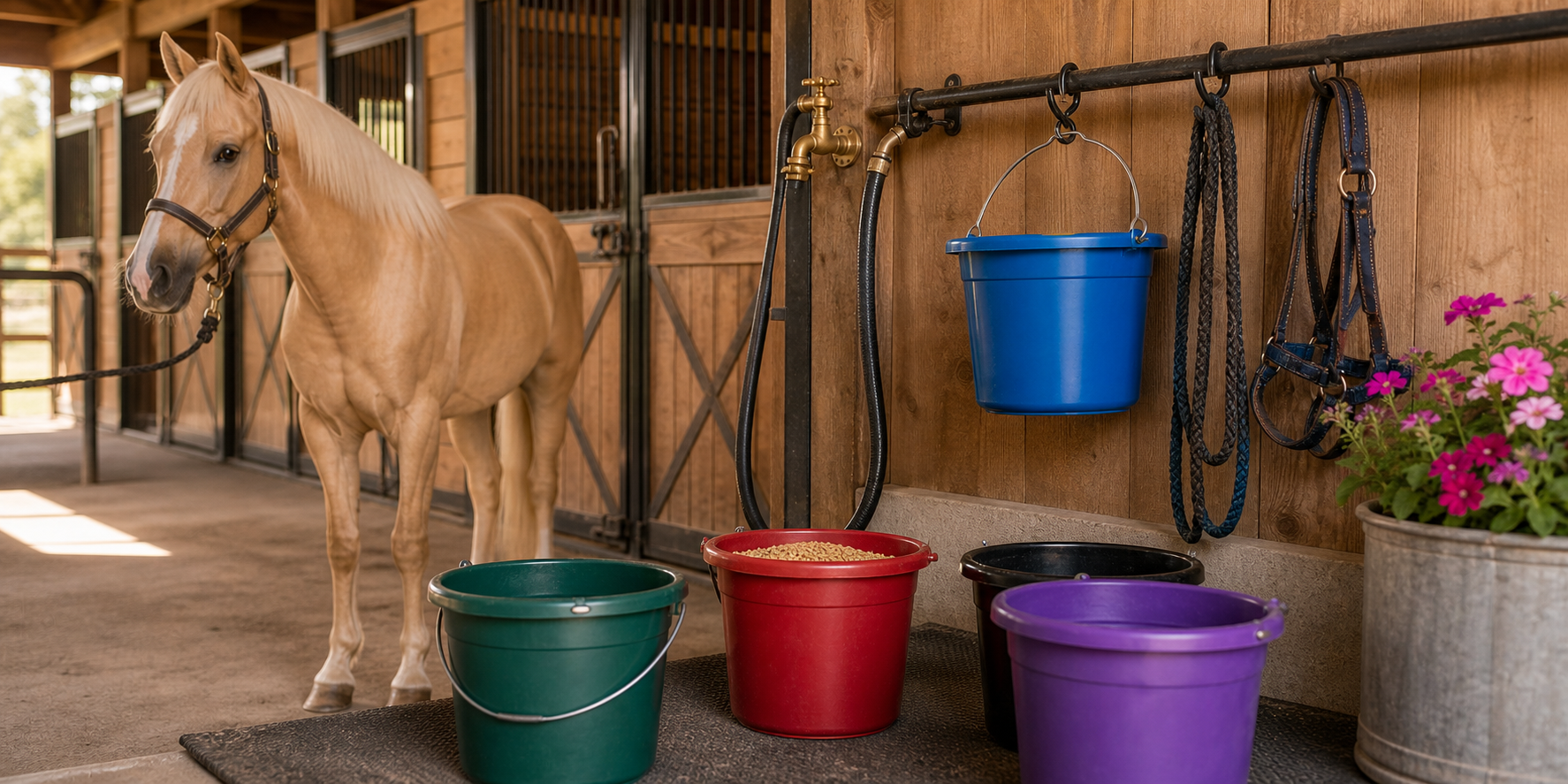 Colorful horse feed and water buckets arranged in a clean barn wash rack with a palomino horse