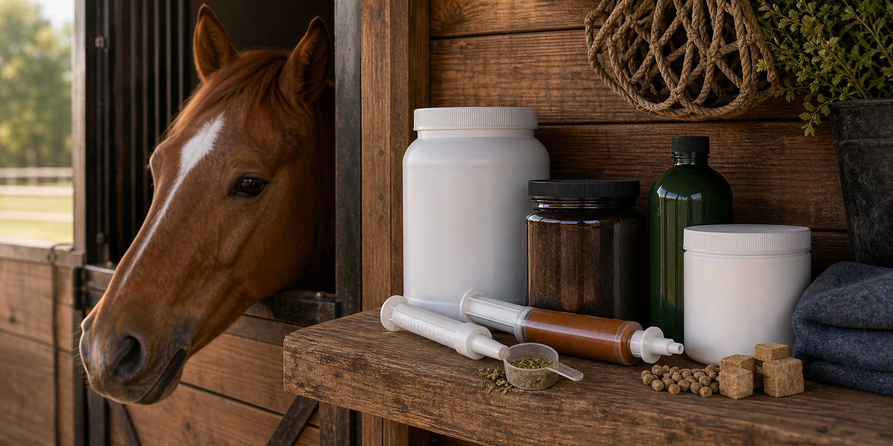 Horse calming aid supplements and paste tubes arranged on a barn shelf beside a relaxed horse