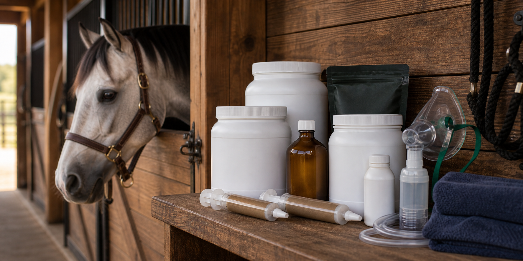 Equine respiratory care products and nebulizer accessories arranged on a barn shelf beside a gray horse
