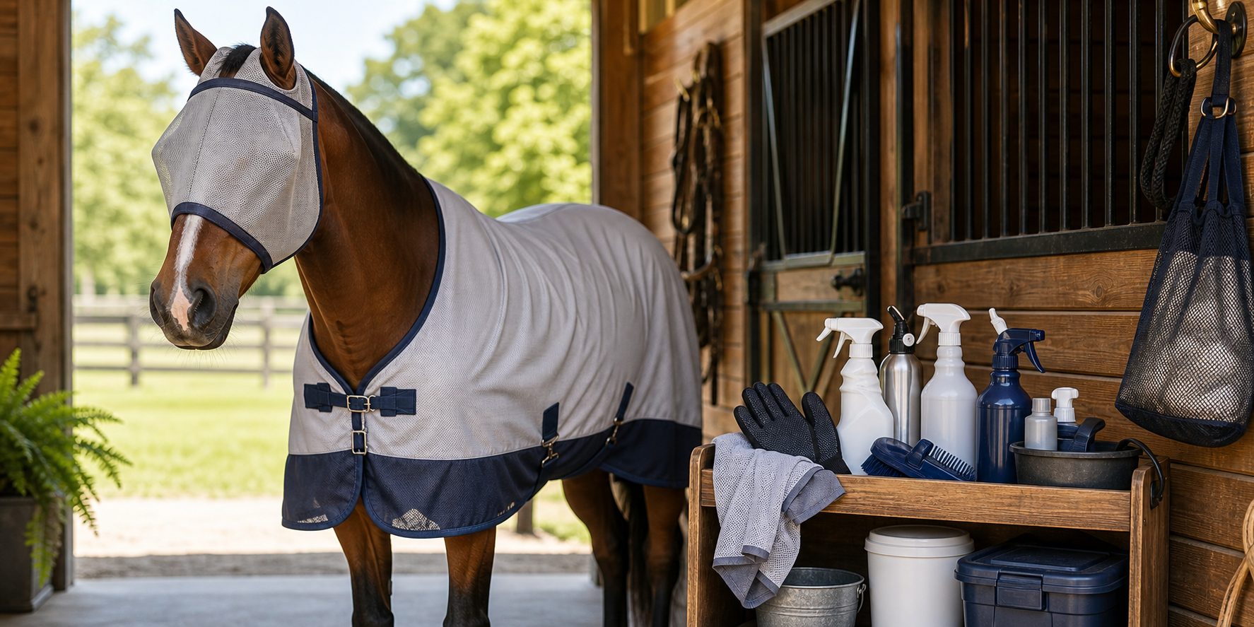 Bay horse wearing fly mask and fly sheet beside horse fly control supplies in a summer barn aisle