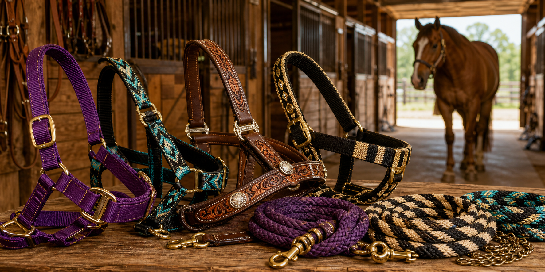 Horse halters and lead ropes collection in a western barn tack setting