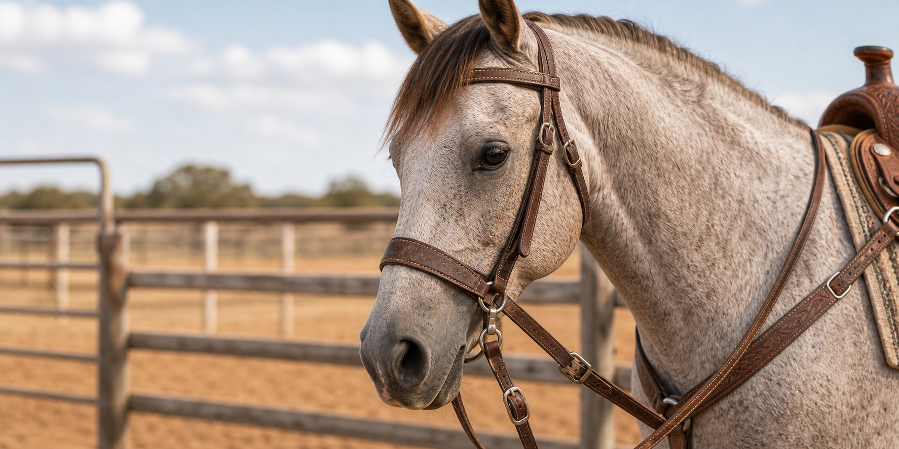 Roan horse wearing western tie-down tack with noseband and strap detail in a roping arena