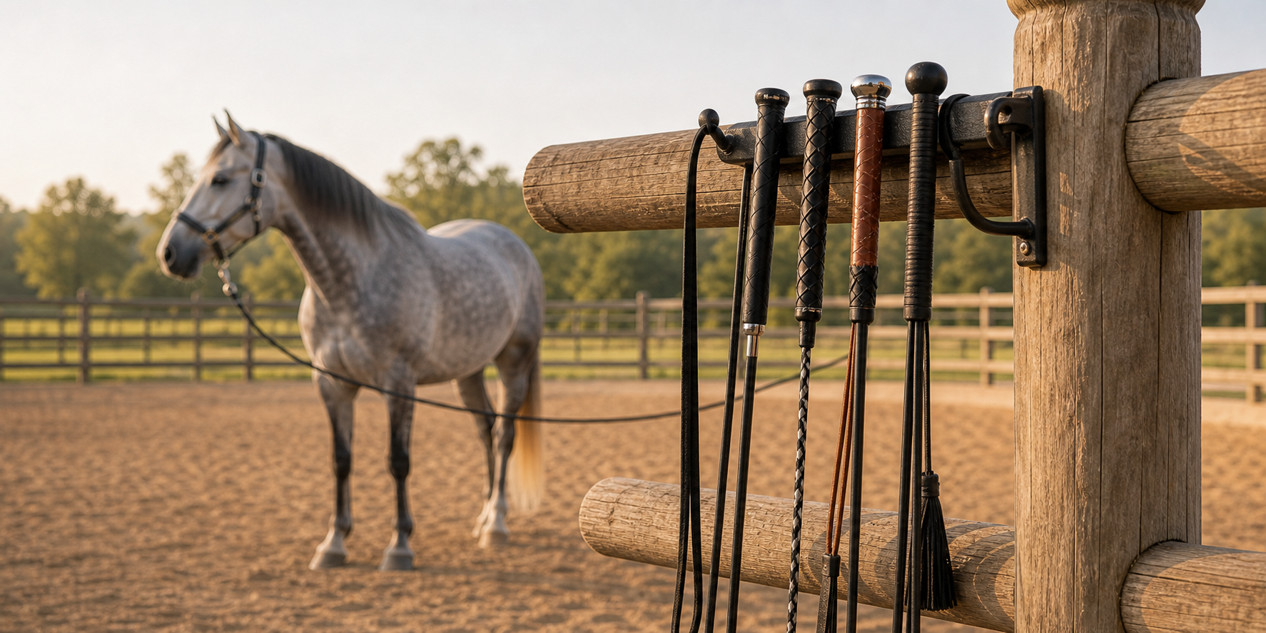 Horse whips and training whips hanging neatly on an arena rail with a gray horse in the background