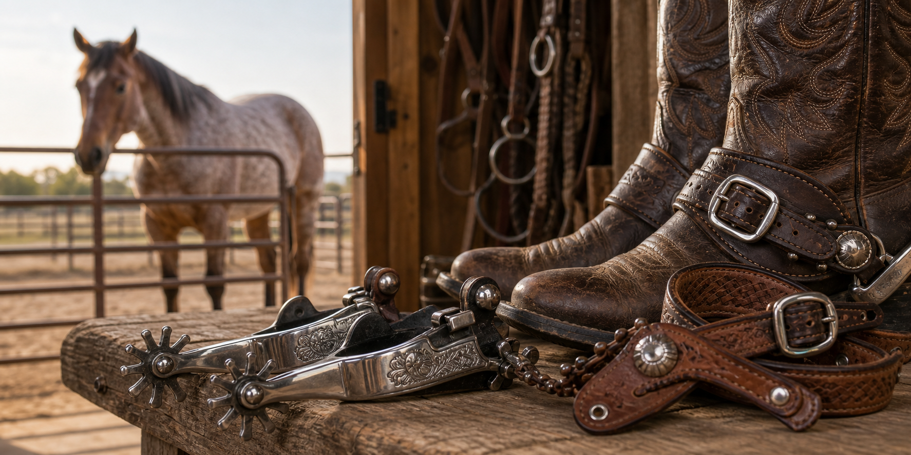 Men's western spurs with dark boots and leather spur straps in a ranch tack room