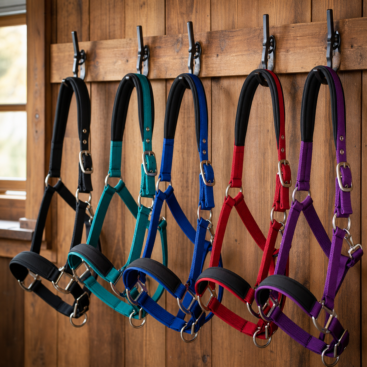 Neoprene lined horse halters with padded comfort lining for everyday barn use