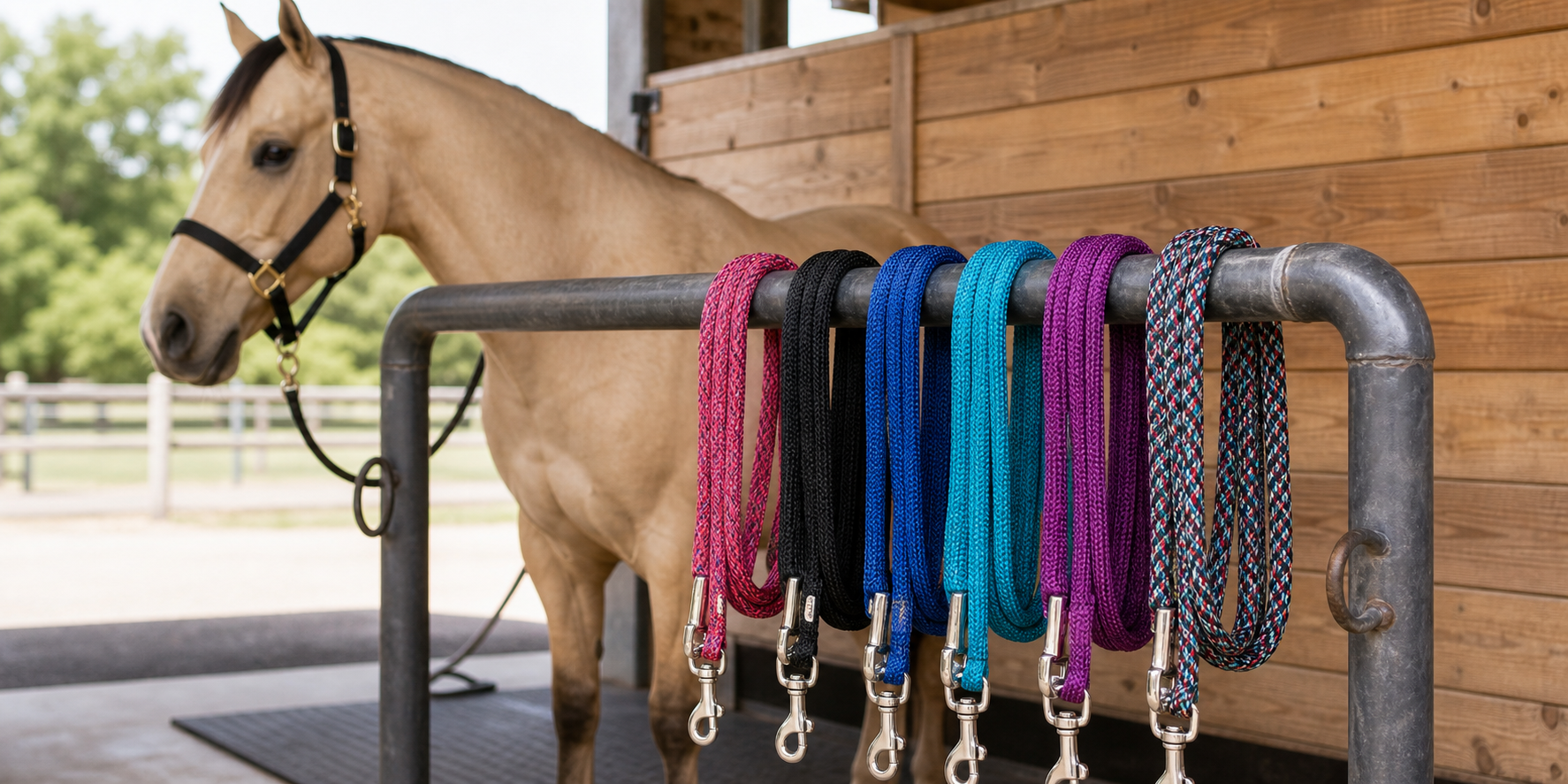 Colorful nylon reins looped over a barn rail with a dun horse standing in the background