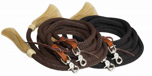 Nylon Split Reins collection image featuring #19081: Showman ® 8ft round braided nylon split reins with horse hair ends