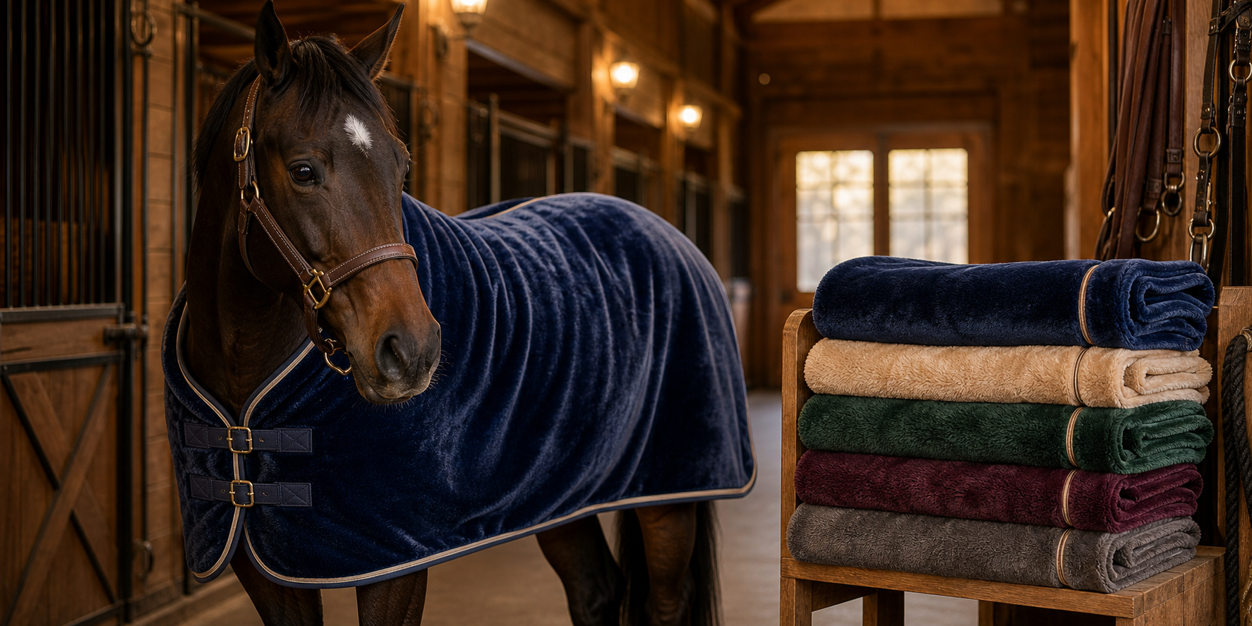 Dark bay horse wearing a soft plush stable blanket with folded plush horse blankets nearby