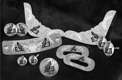 Replacement Silver Trim Kits For Saddles collection image featuring #175655: 12 piece engraved barrel racer silver trim kit