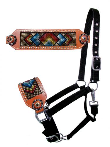 Rhinestone and Silver collection image featuring #16676: Showman ® bronc style halter with rainbow crystal rhinestone diamond design inlay