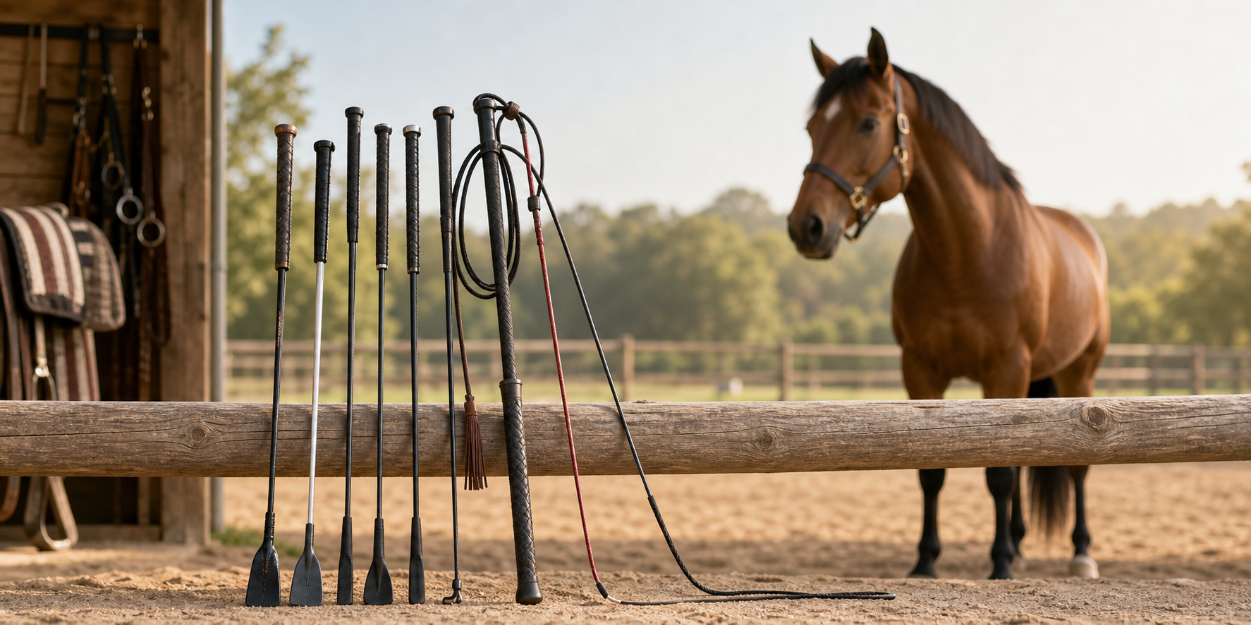 Riding crops and horse whips arranged safely along an arena rail with a calm bay horse in the background
