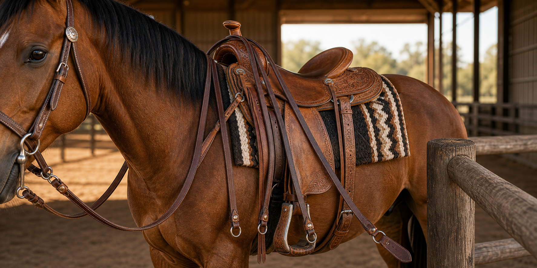 Leather split reins draped over a western saddle horn on a bay horse