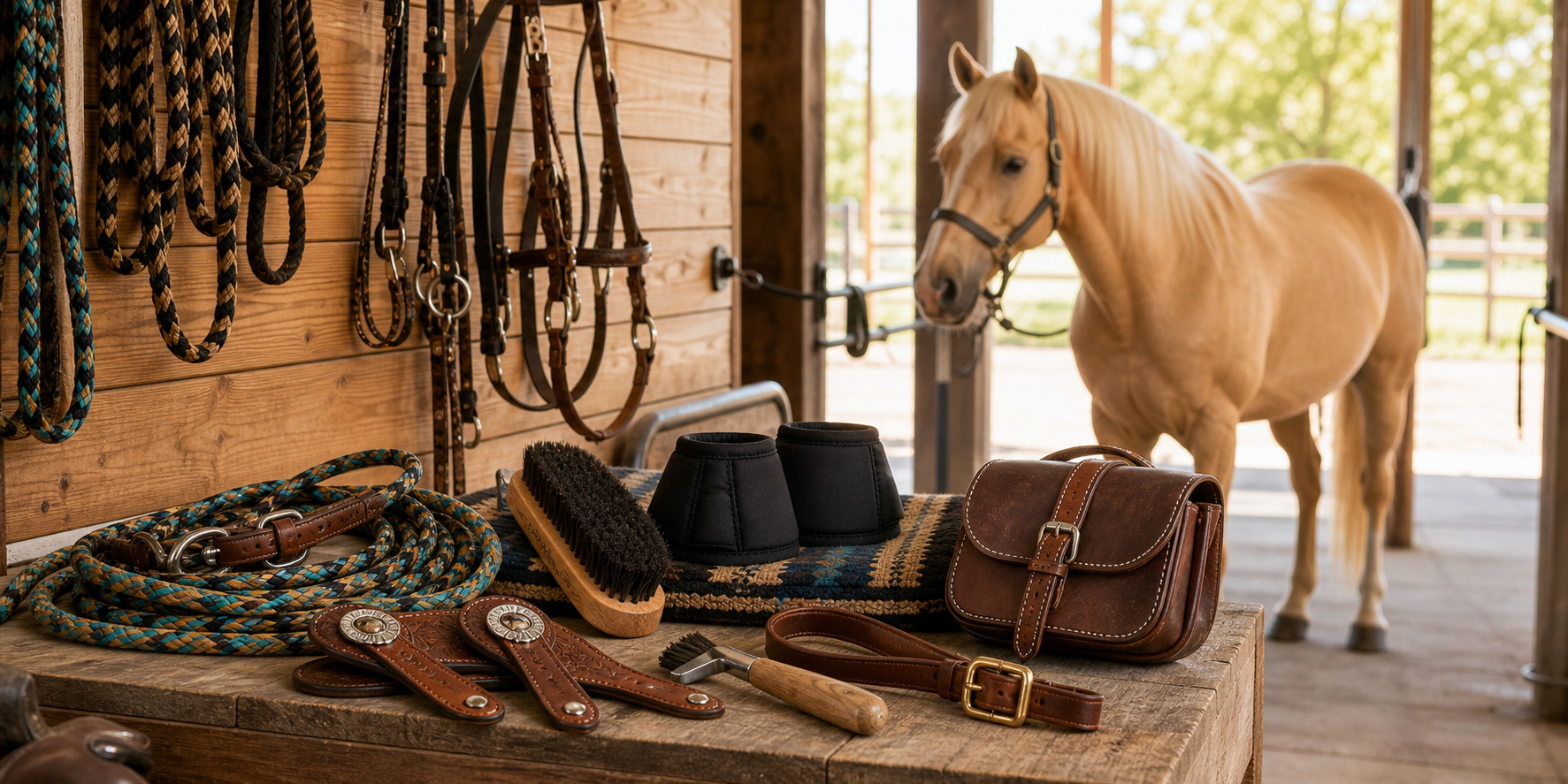 Western accessories including reins, spur straps, grooming tools, and tack on a barn bench with a palomino horse