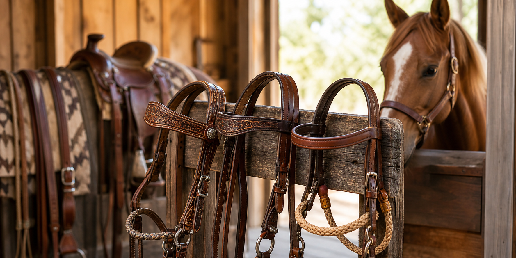 Western headstalls and bridles collection with leather horse tack