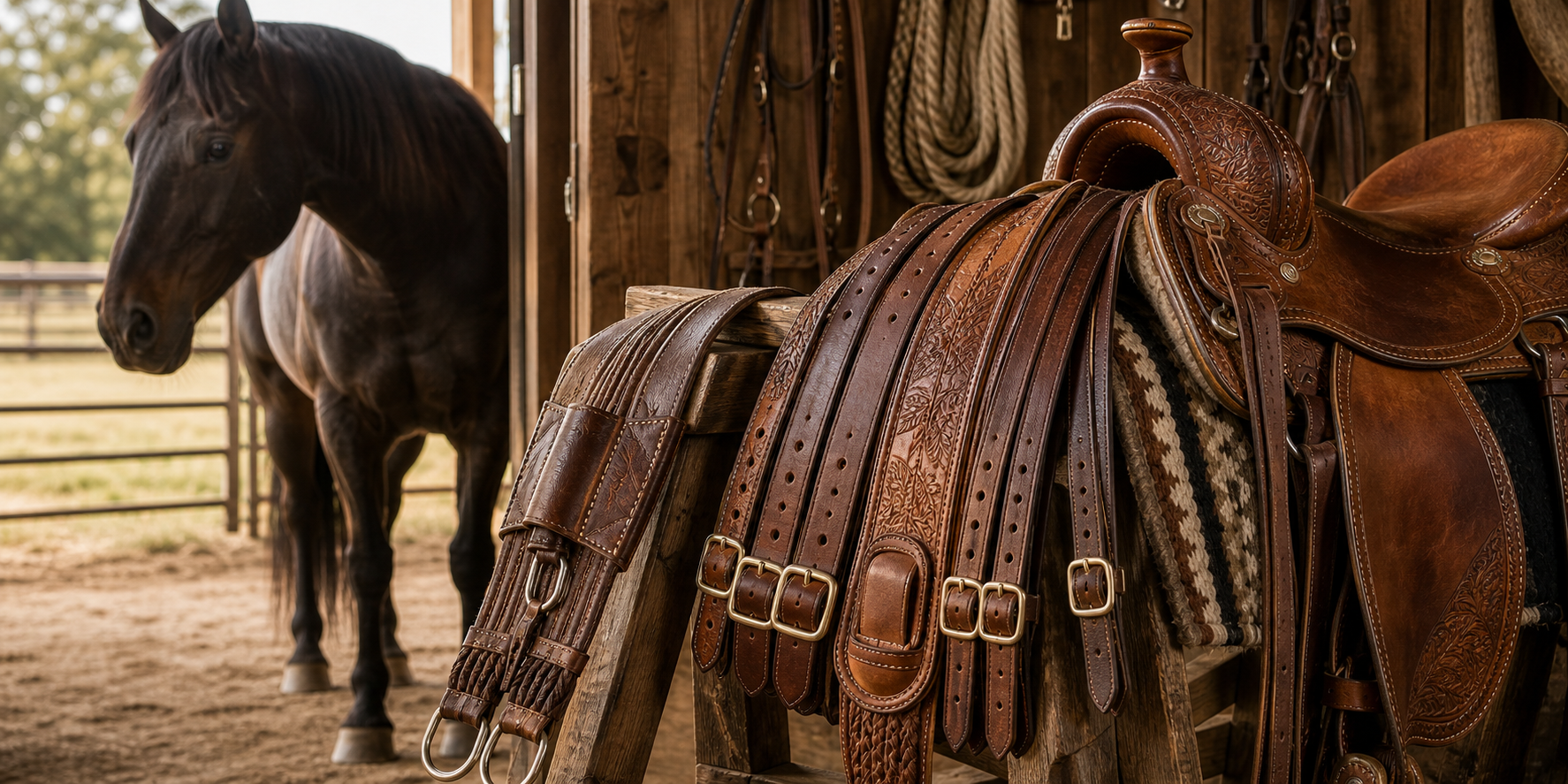 Western saddle backrigging straps and leather hardware displayed beside a tooled saddle in a tack room