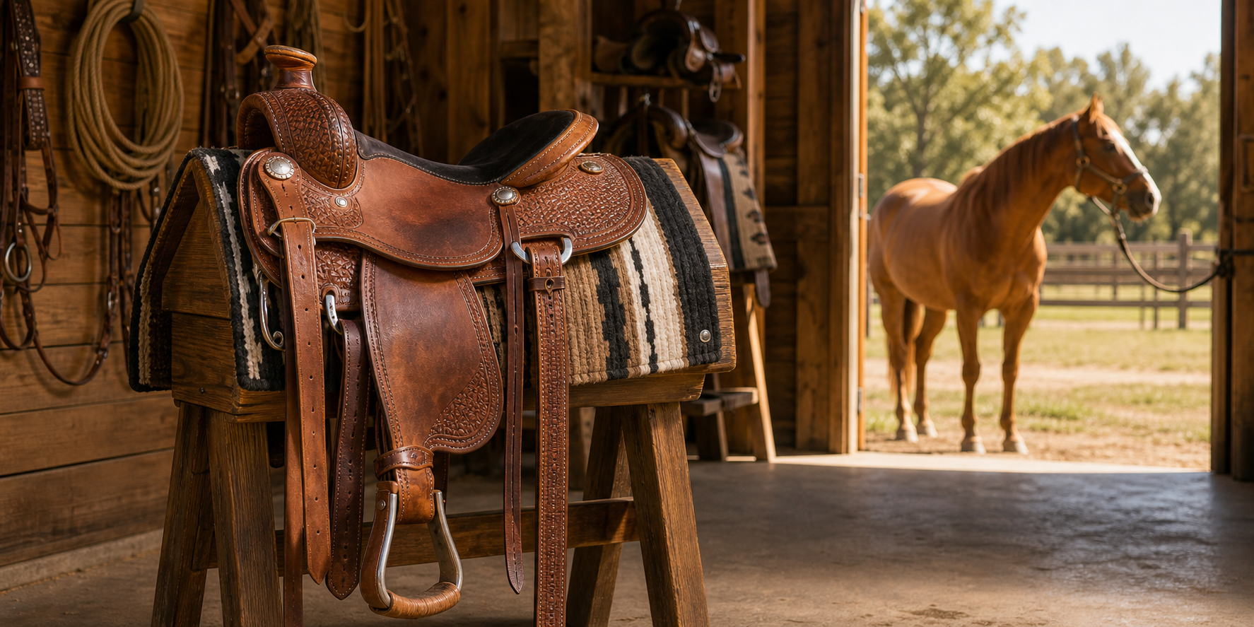 Western saddle displayed on a wooden saddle rack in a ranch tack shed with a chestnut horse outside