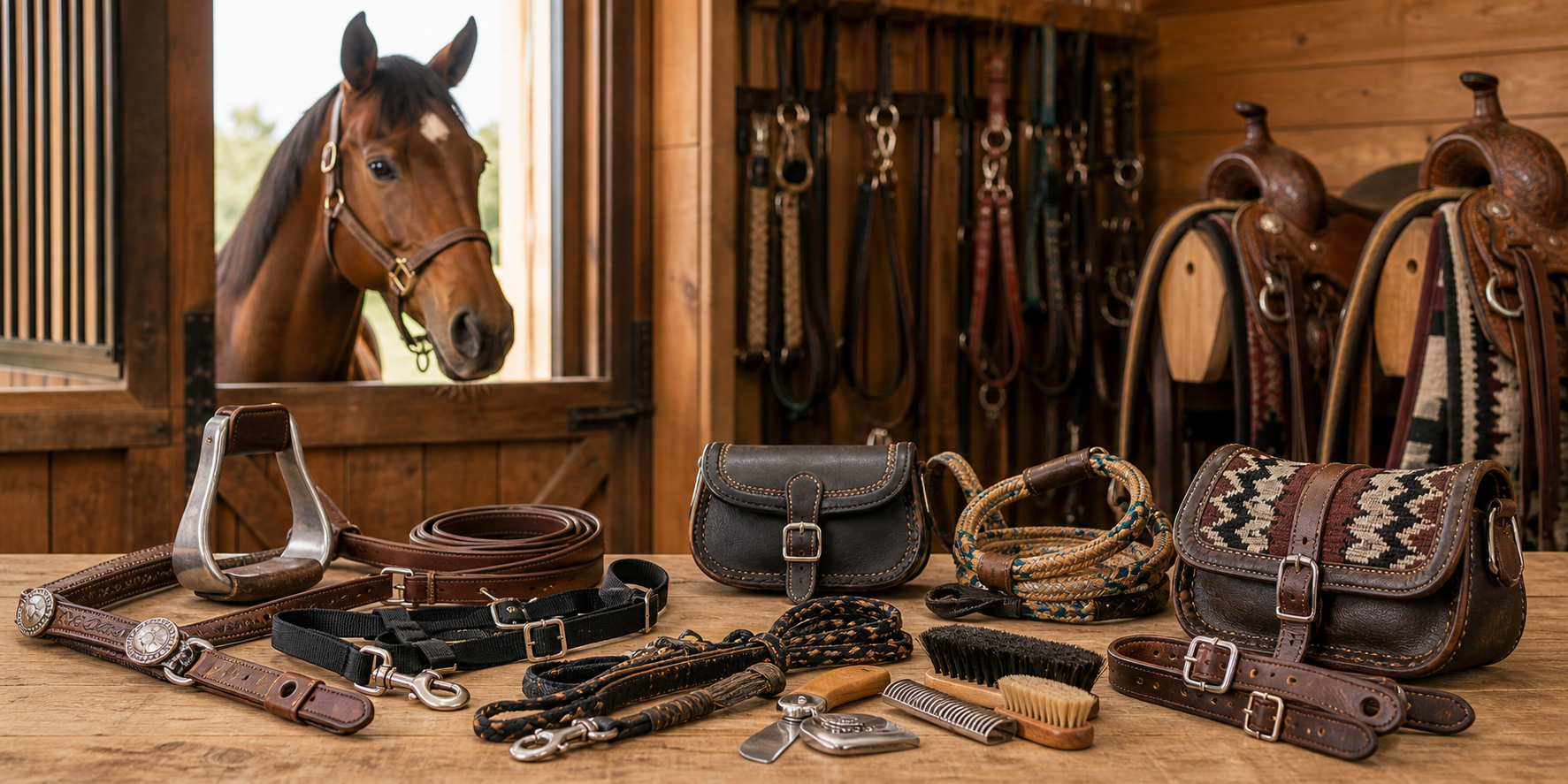 Western tack accessories and saddle gear arranged on a barn workbench with a bay horse for the $100 to $200 collection