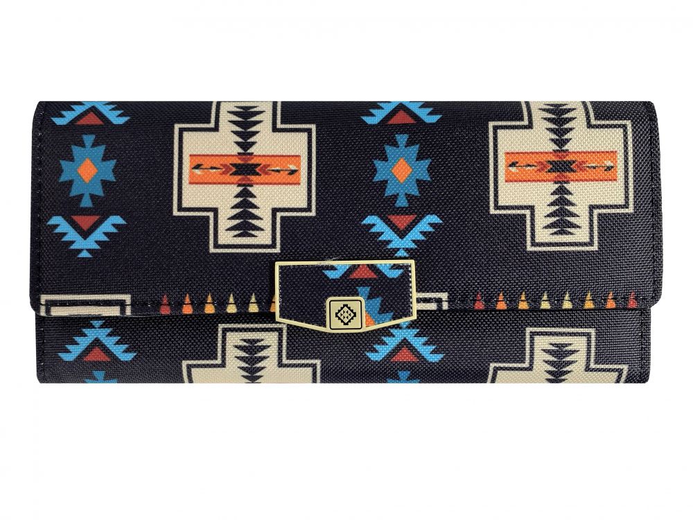 Aztec print zippered wallet with button closure