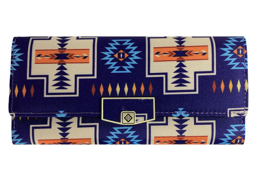 Aztec print zippered wallet with button closure