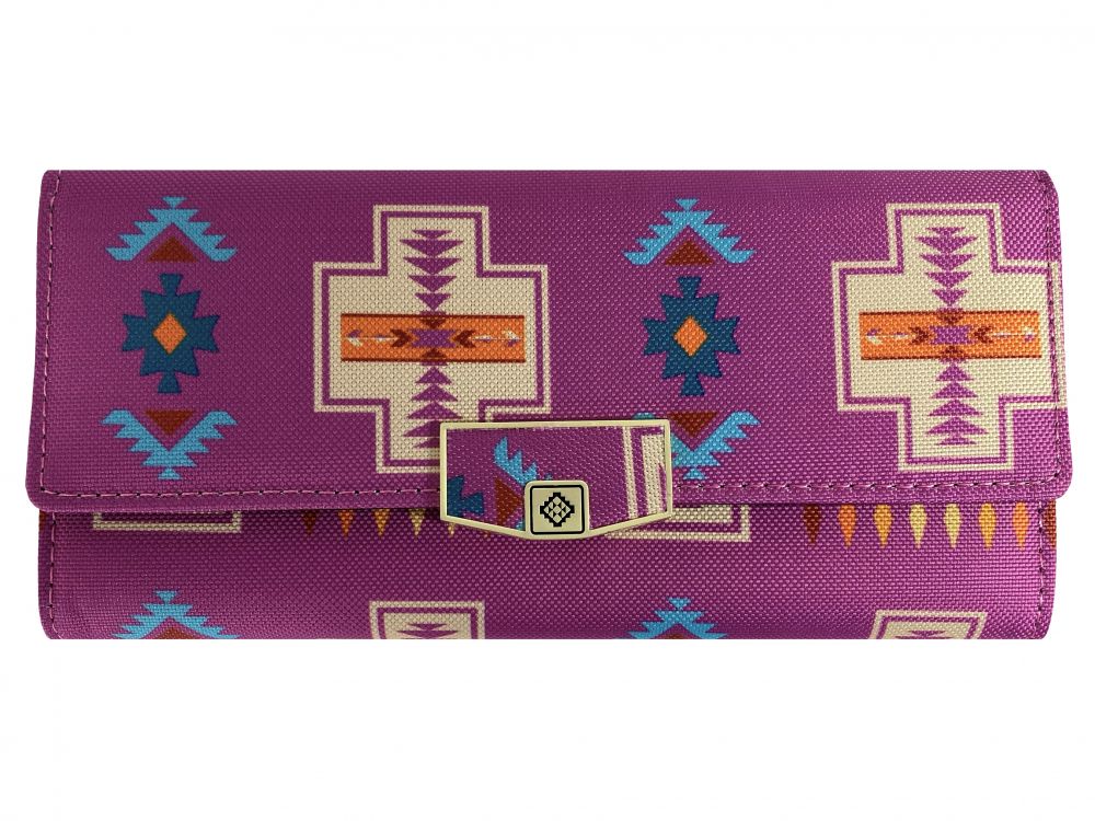 Aztec print zippered wallet with button closure