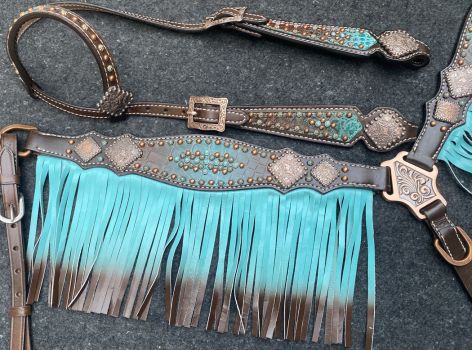 Showman ® Teal / Brown Ombre Fringe tooled leather 14516