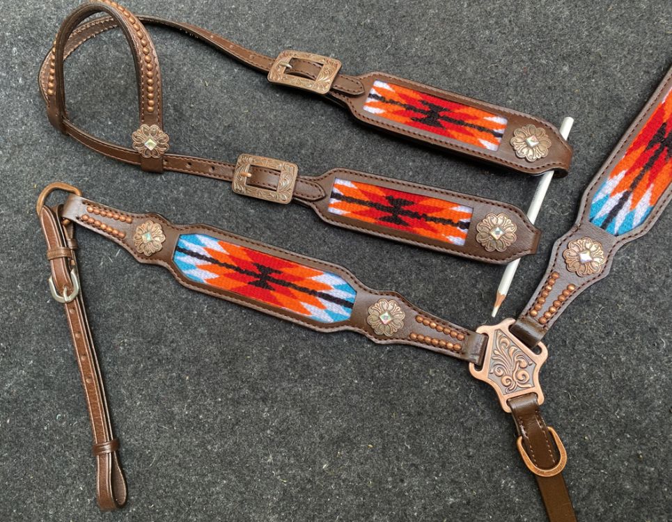 Showman Browband Headstall & Breast collar set with wool southwest blanket inlay - red and orange