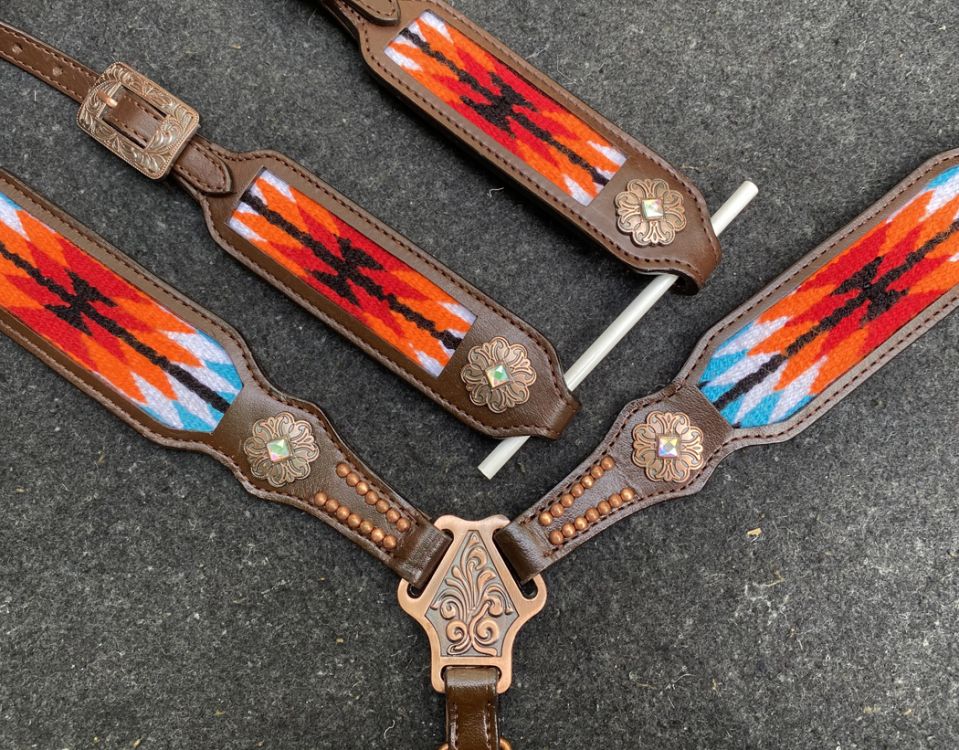 Showman Browband Headstall & Breast collar set with wool southwest blanket inlay - red and orange