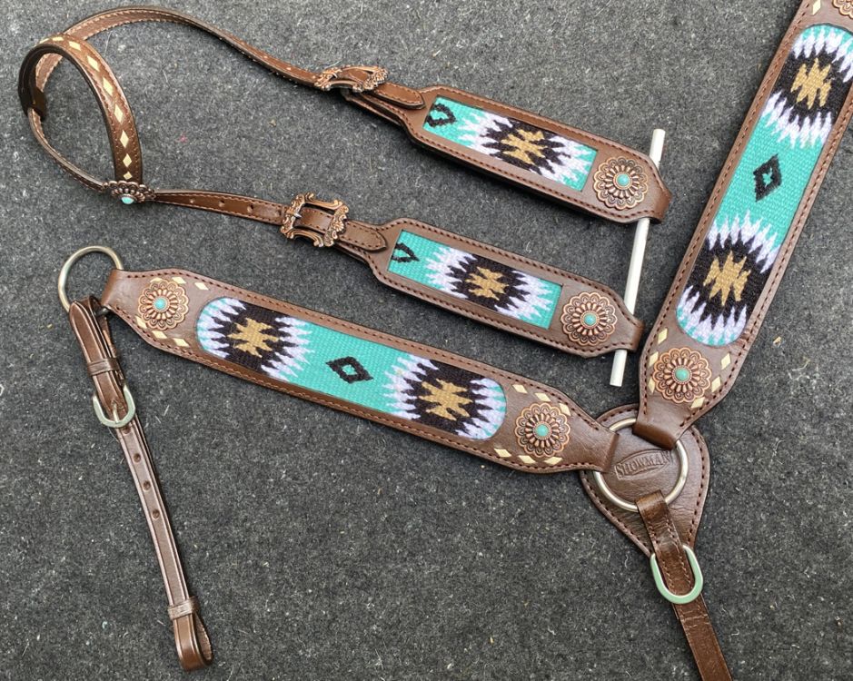 Showman Browband Headstall & Breast collar set with wool southwest blanket inlay and white buckstitch accents