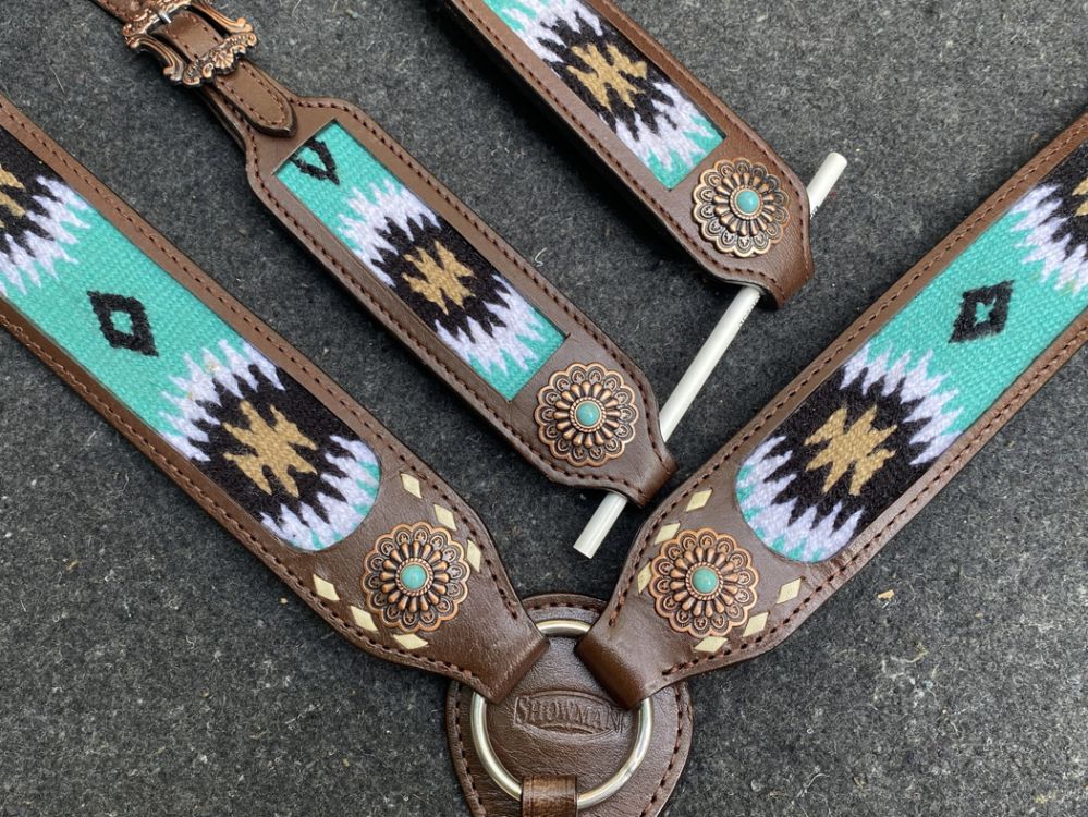 Showman Browband Headstall & Breast collar set with wool southwest blanket inlay and white buckstitch accents