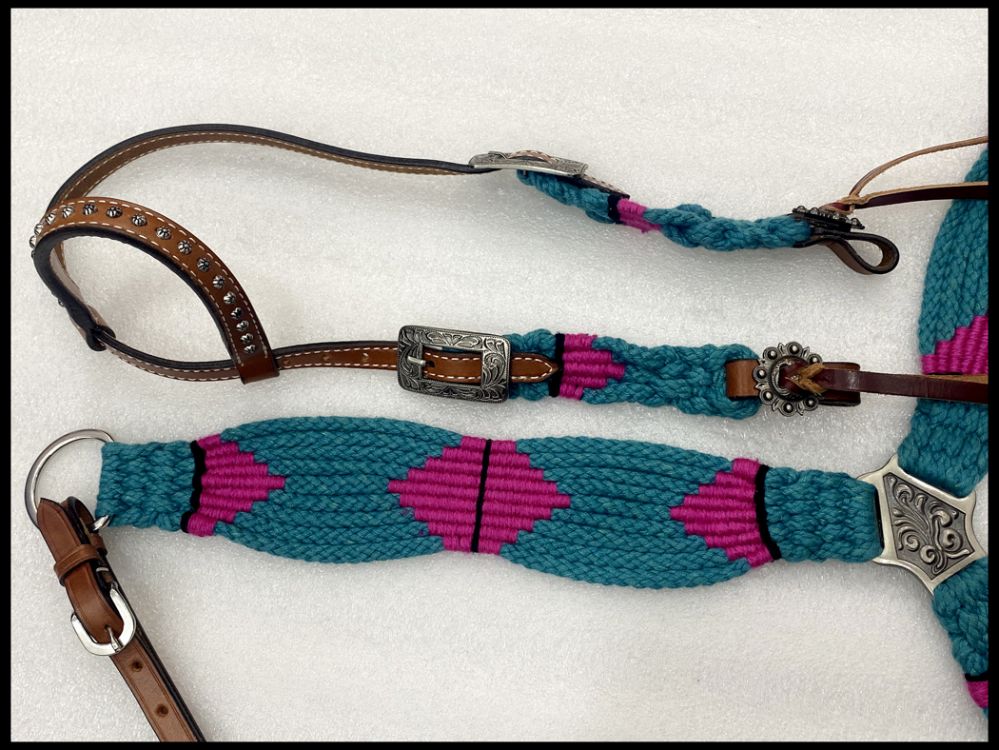 Showman Corded One Ear Headstall & Breast collar set - teal and pink