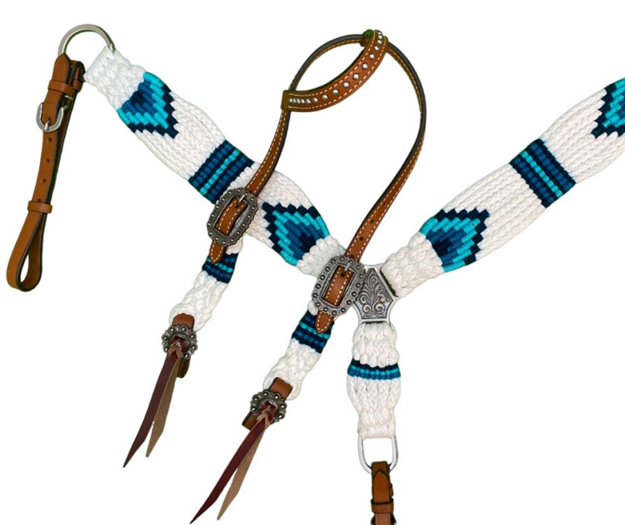 Showman Pony Size Corded One Ear Headstall & Breast collar set - white and teal