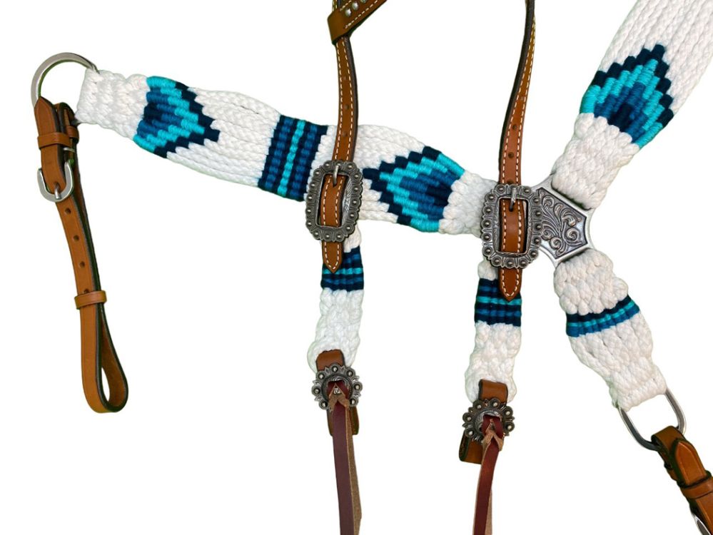 Showman Pony Size Corded One Ear Headstall & Breast collar set - white and teal