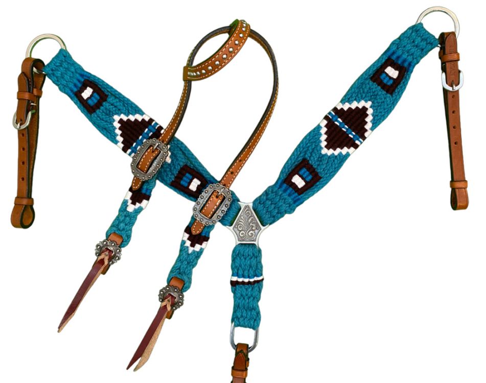 Showman Pony Size Corded One Ear Headstall & Breast collar set - turquoise, black, and white