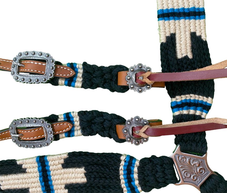 Showman Pony Size Corded One Ear Headstall & Breast collar set - Black, white, and blue