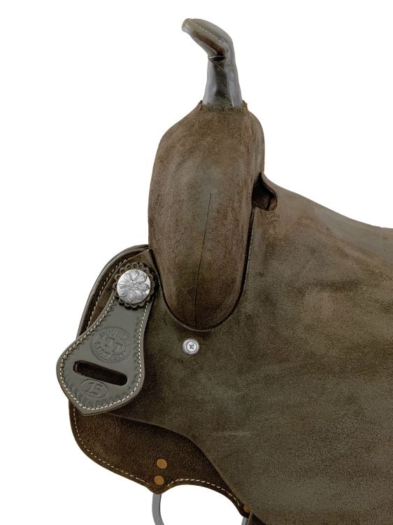 15" Double T Chocolate Rough Out Leather Barrel Saddle - Spinal Relief Skirt