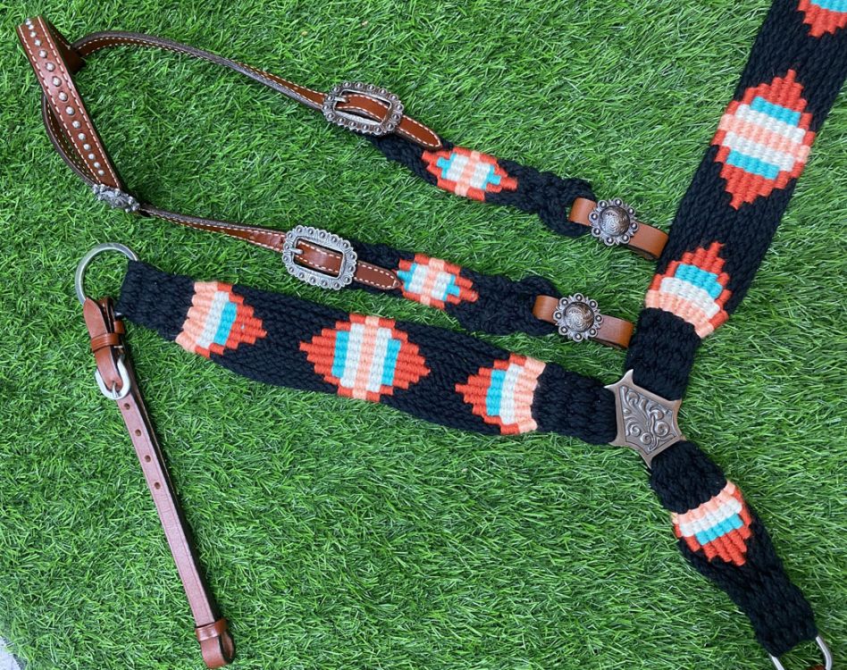 Showman Corded One Ear Headstall and Breast Collar Set - Black/Red