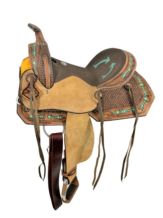 15" Double T Youth Hard Seat Western saddle with teal arrow Accents ...