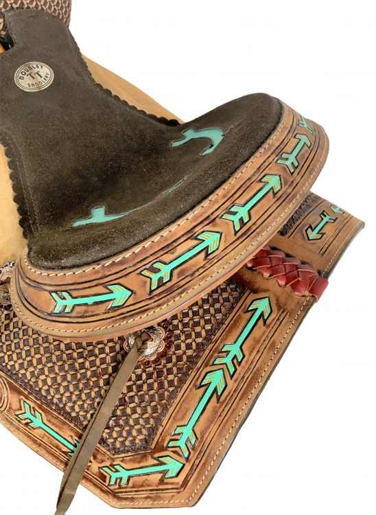 15" Double T Youth Hard Seat Western saddle with teal arrow Accents