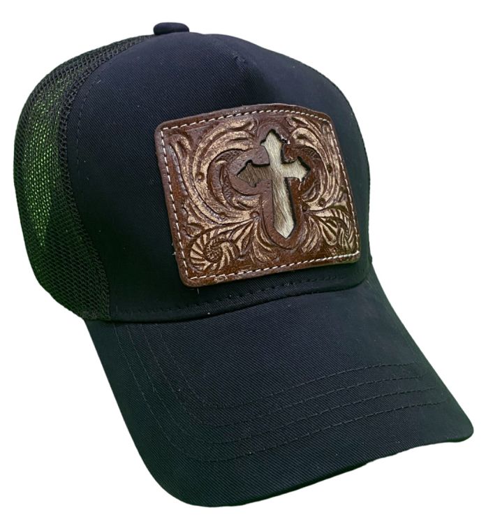 Women's Ponytail Adjustable Baseball Cap - Cross Hair on Cowhide Inlay/Tooled Leather