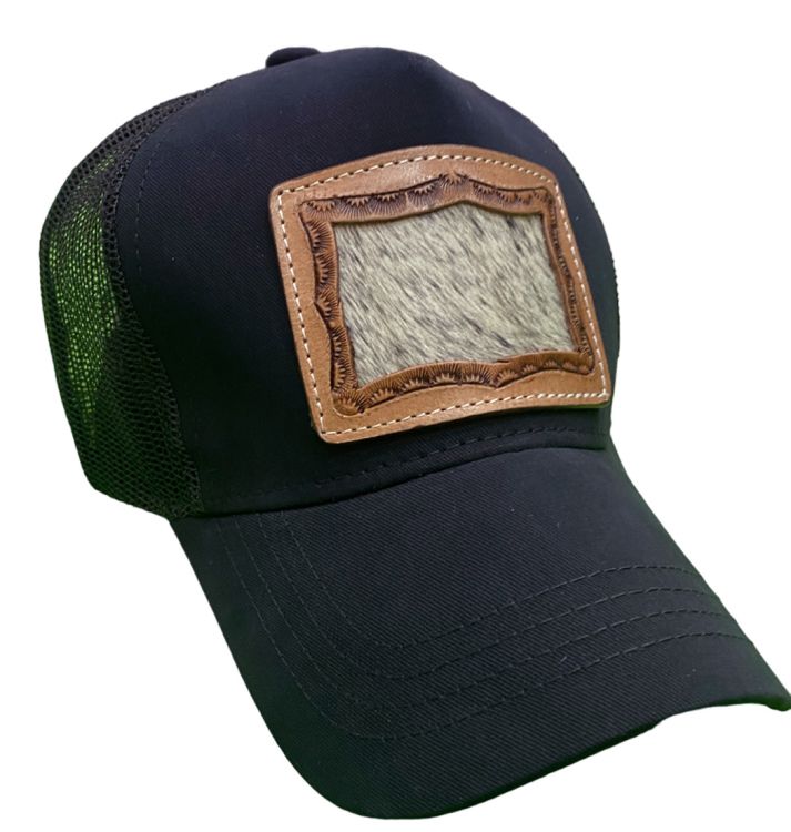 Women's Ponytail Adjustable Baseball Cap - Hair on Cowhide Inlay/Stamped Border