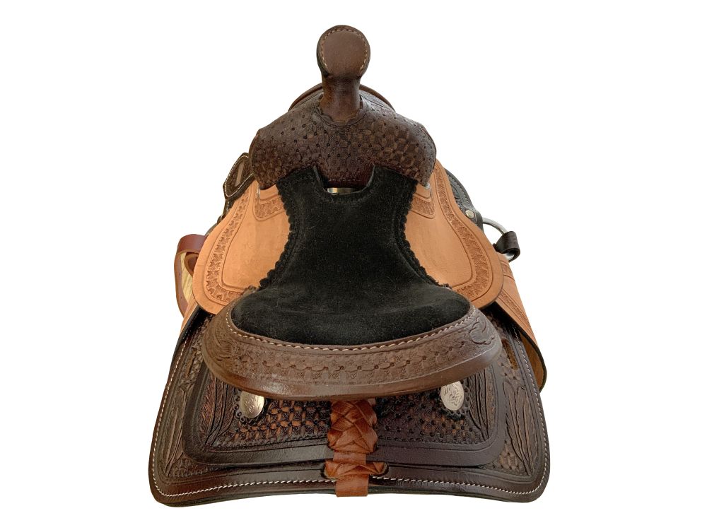 8" Double T Miniature Western Style Saddle - Feather Tooling
