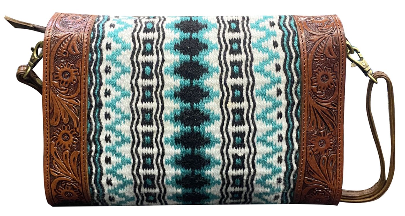 Klassy Cowgirl Tooled Leather and Wool Saddle Blanket Purse - white and blue