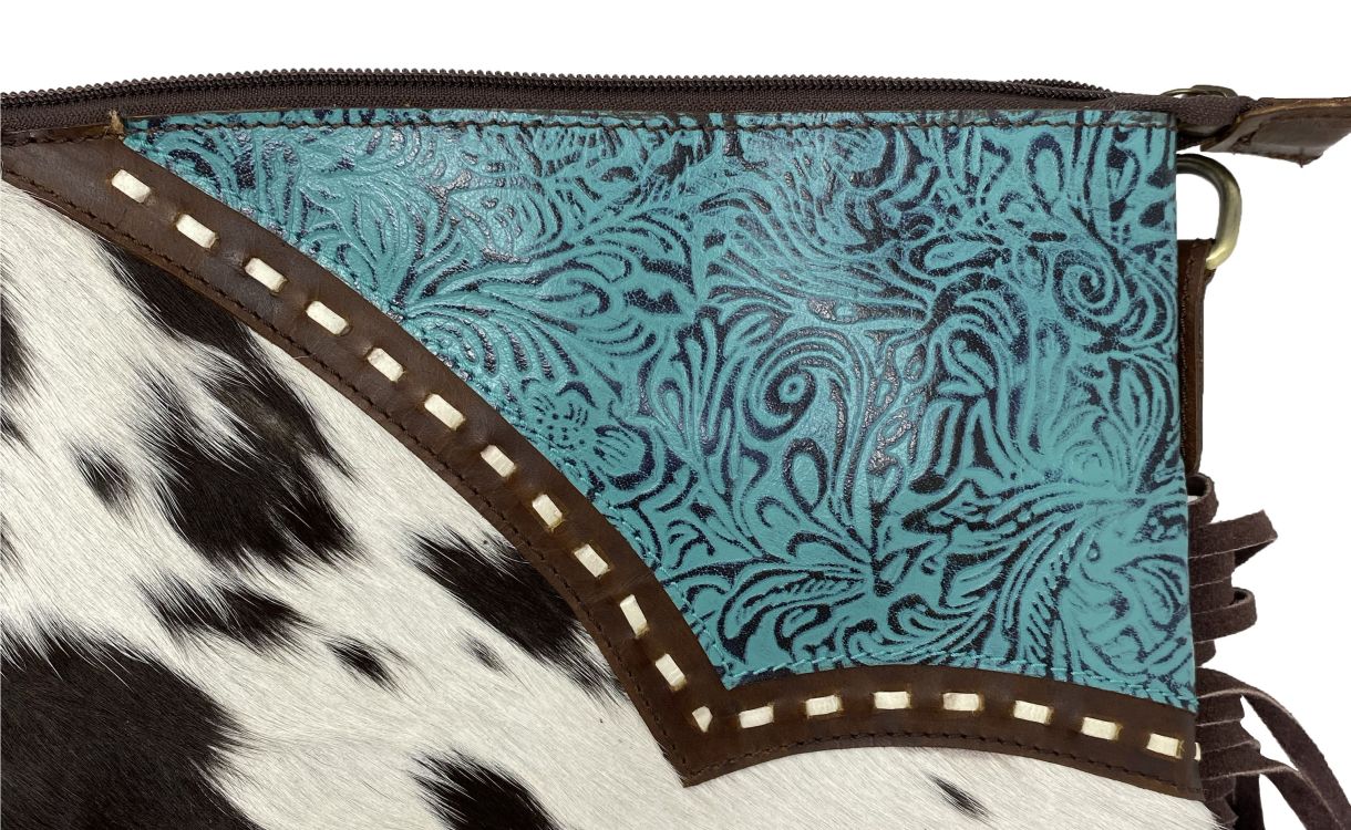 Klassy Cowgirl Genuine Hair-on Cowhide Leather Fringe Tooled Crossbody Bag