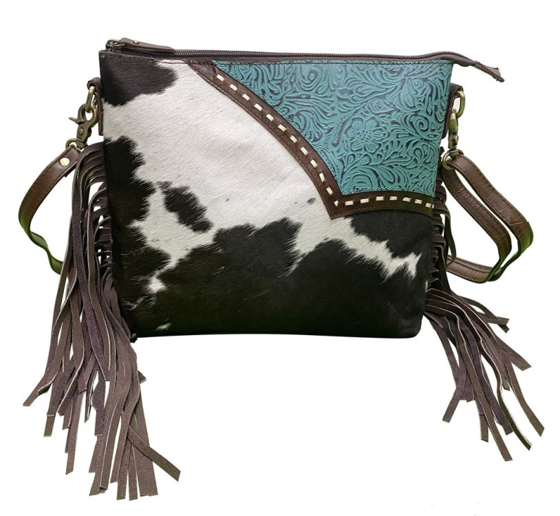 Klassy Cowgirl Genuine Hair-on Cowhide Leather Fringe Tooled Crossbody Bag