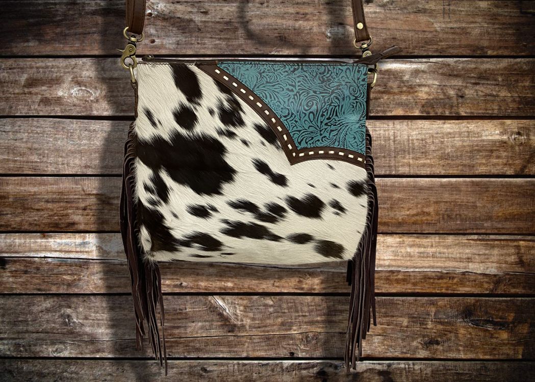 Klassy Cowgirl Genuine Hair-on Cowhide Leather Fringe Tooled Crossbody Bag
