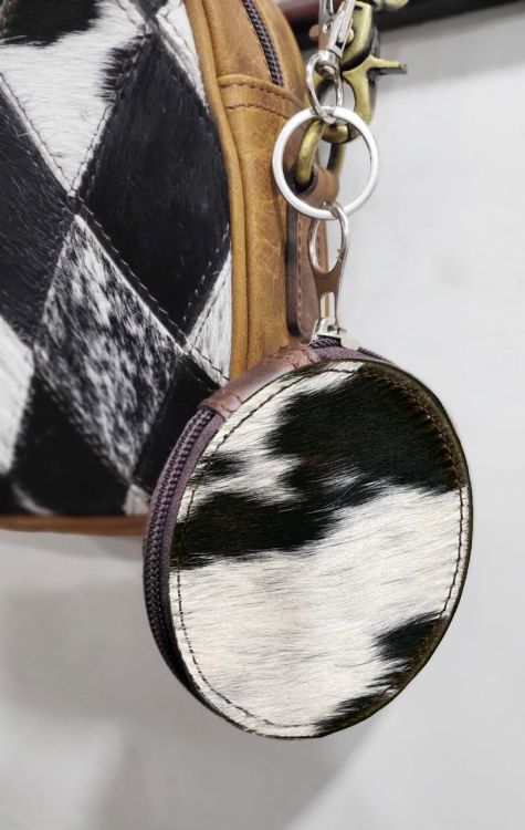 Black & White Hair on Cowhide Round Clip Key-chain Wallet Pouch