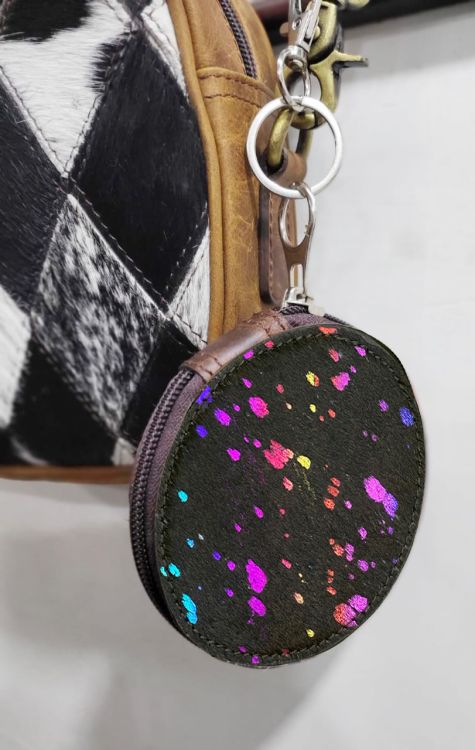 Rainbow Acid Wash Hair on Cowhide Round Clip Key-chain Wallet Pouch